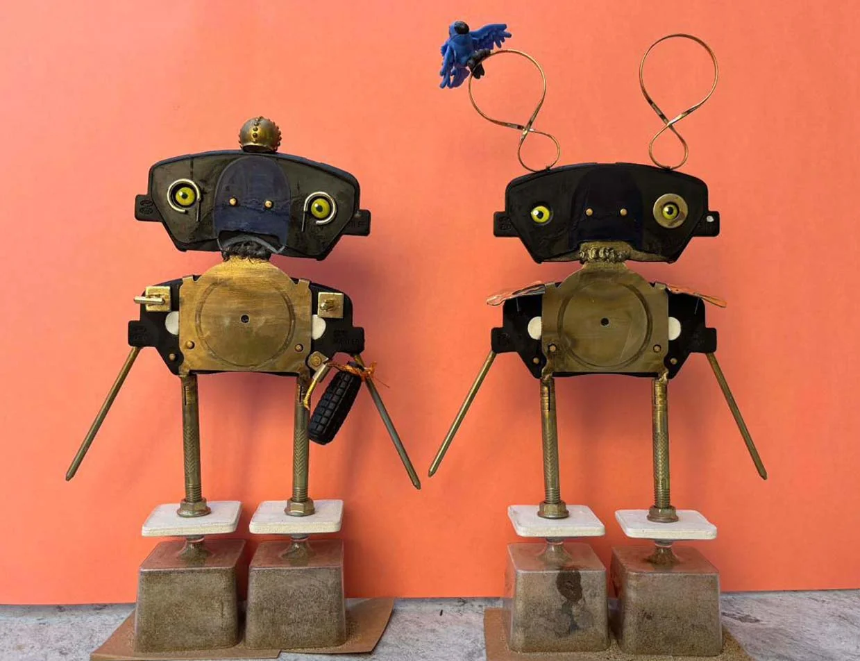 Bomb and Bird duo — two assemblage sculptures