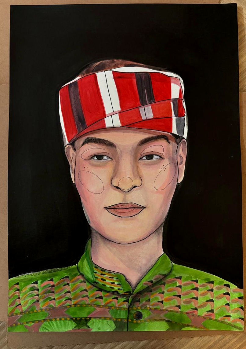 Portrait of figure in red and white striped traditional cap