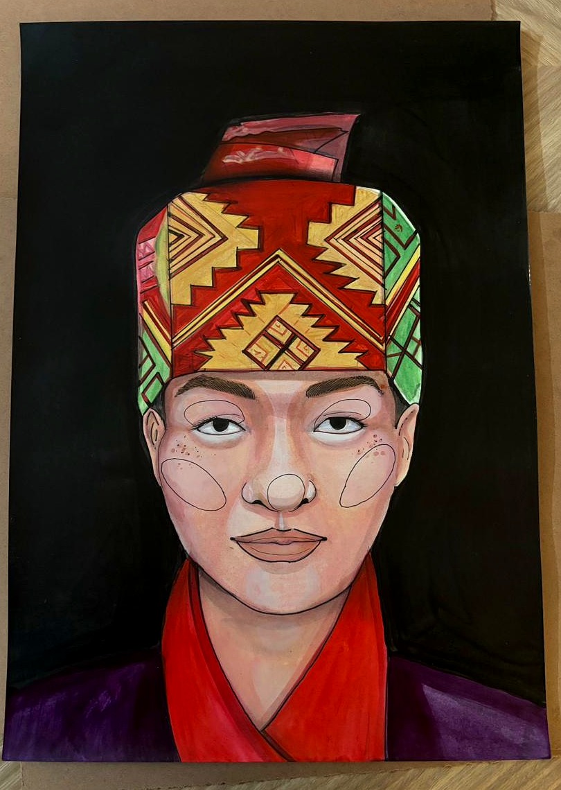 Portrait of figure in geometric red and gold traditional headpiece